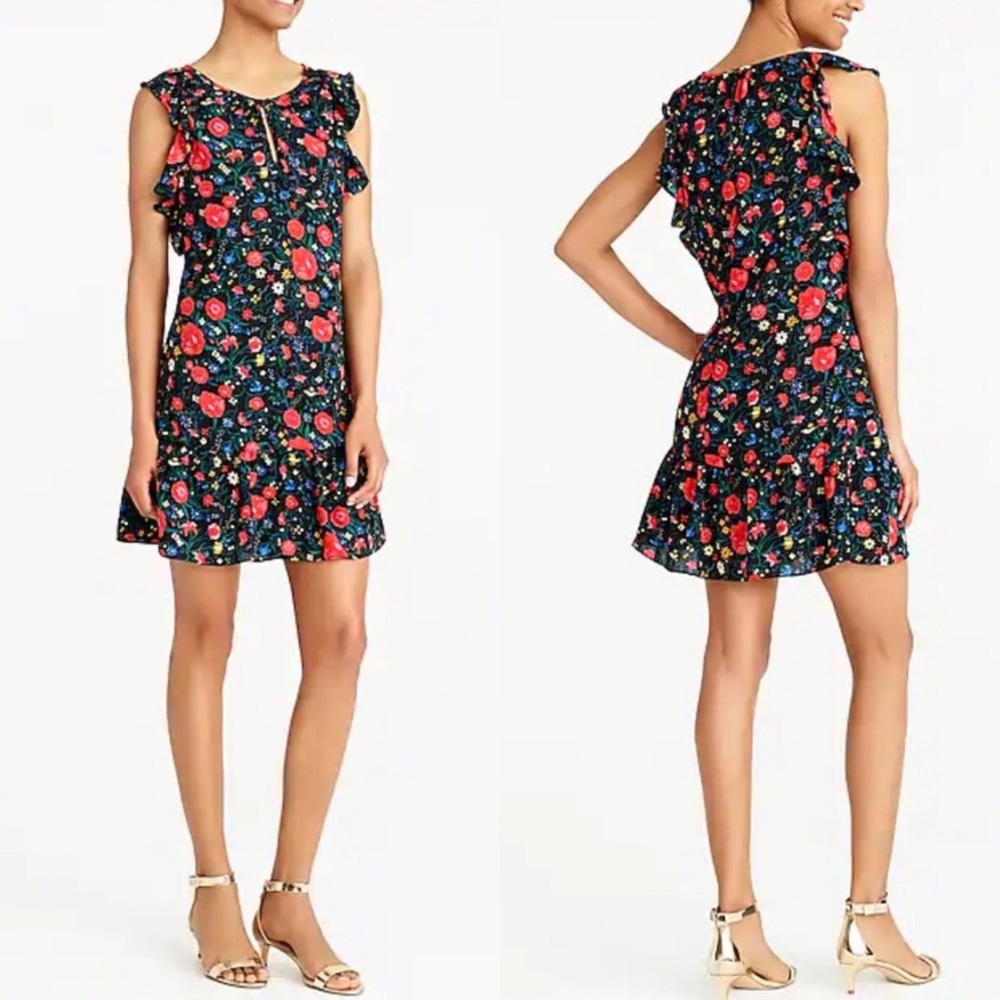 J CREW NWT Printed Black & Floral Flutter Dress